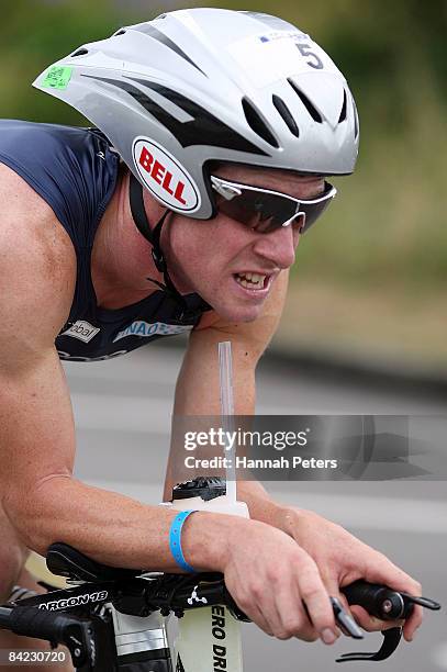 James Bowstead of Waiuku cycles during the men's division of the Port Of Tauranga Half Ironman at Mount Maunganui on January 10, 2009 in Tauranga,...