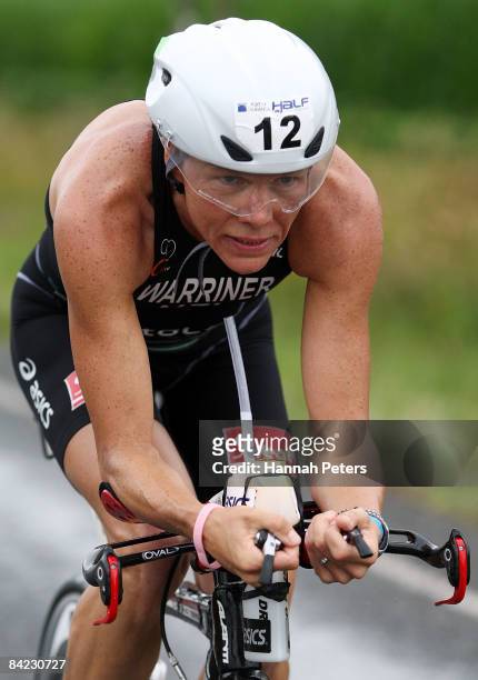 Samantha Warriner of Whangarei cycles during the women's division of the Port Of Tauranga Half Ironman at Mount Maunganui on January 10, 2009 in...