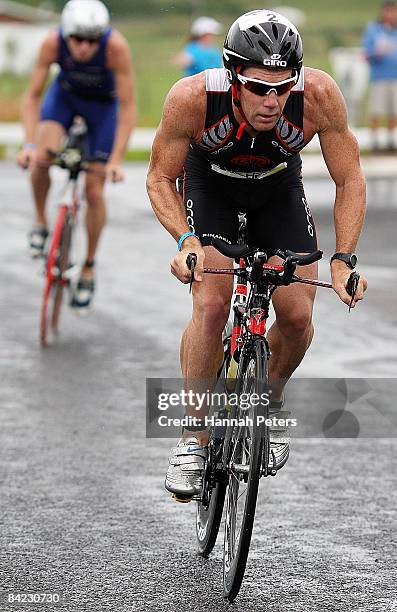 Cameron Brown of Auckland cycles during the men's division of the Port Of Tauranga Half Ironman at Mount Maunganui on January 10, 2009 in Tauranga,...