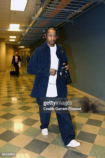 Allen Iverson of the Detroit Pistons arrives for the game against the Denver Nuggets on January 9, 2009 at the Pepsi Center in Denver, Colorado. NOTE...