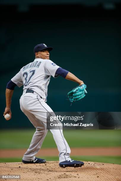 Ariel Miranda of the Seattle Mariners pitches during the game against the Oakland Athletics at the Oakland Alameda Coliseum on August 8, 2017 in...