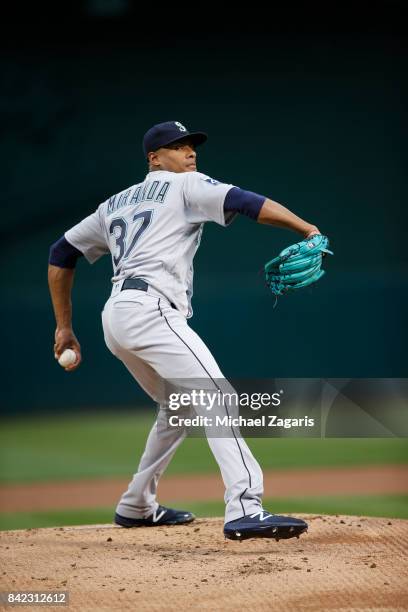 Ariel Miranda of the Seattle Mariners pitches during the game against the Oakland Athletics at the Oakland Alameda Coliseum on August 8, 2017 in...