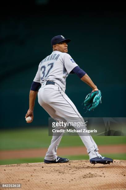 Ariel Miranda of the Seattle Mariners pitches during the game against the Oakland Athletics at the Oakland Alameda Coliseum on August 8, 2017 in...