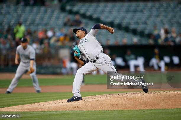 Ariel Miranda of the Seattle Mariners pitches during the game against the Oakland Athletics at the Oakland Alameda Coliseum on August 8, 2017 in...