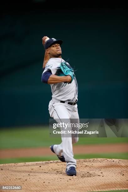 Ariel Miranda of the Seattle Mariners pitches during the game against the Oakland Athletics at the Oakland Alameda Coliseum on August 8, 2017 in...