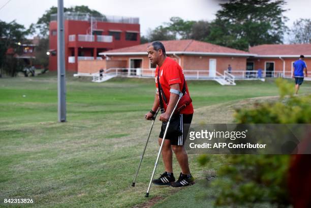 Paraguay's national football team coach Francisco Arce arrives to a training session at the Complejo Albiroga training centre in Ypane, near...