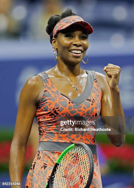 Venus Williams of the United States celebrates her women's singles fourth round match win over Carla Suarez Navarro of Spain on Day Seven of the 2017...