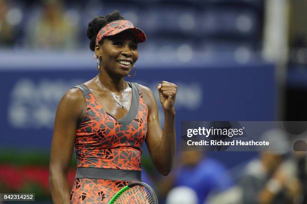 Venus Williams of the United States celebrates her women's singles fourth round match win over Carla Suarez Navarro of Spain on Day Seven of the 2017...