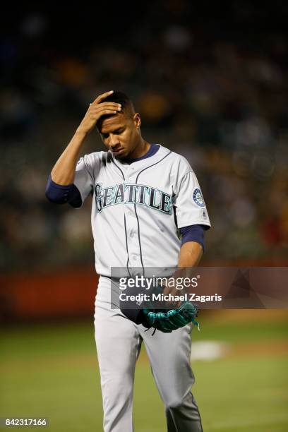Ariel Miranda of the Seattle Mariners stands on the field during the game against the Oakland Athletics at the Oakland Alameda Coliseum on August 8,...
