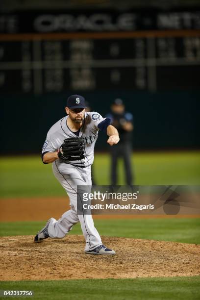 Marc Rzepczynski of the Seattle Mariners pitches during the game against the Oakland Athletics at the Oakland Alameda Coliseum on August 8, 2017 in...