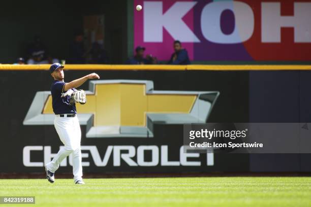Milwaukee Brewers left fielder Ryan Braun throws a ball in during a game between the Milwaukee Brewers and Washington Nationals on September 3, 2017...