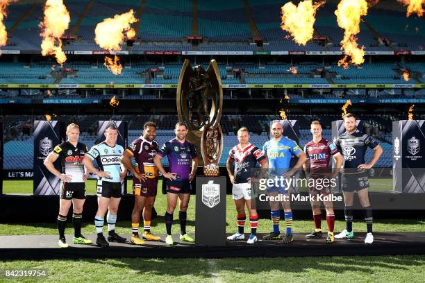 Peter Wallace of the Panthers, Paul Gallen of the Sharks, Sam Thaiday of the Broncos, Cameron Smith of the Storm, Jake Friend of the Roosters, Tim...