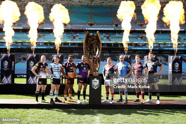 Peter Wallace of the Panthers, Paul Gallen of the Sharks, Sam Thaiday of the Broncos, Cameron Smith of the Storm, Jake Friend of the Roosters, Tim...
