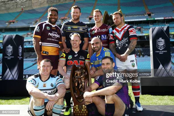 Peter Wallace of the Panthers, Paul Gallen of the Sharks, Sam Thaiday of the Broncos, Cameron Smith of the Storm, Jake Friend of the Roosters, Tim...