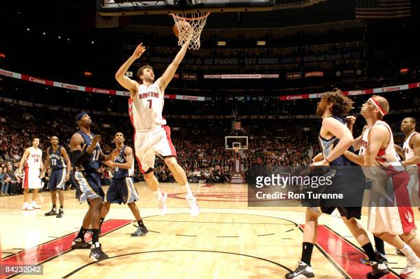 Andrea Bargnani of the Toronto Raptors drives the lane for a layup during a game against the Memphis Grizzlies on January 9, 2009 at the Air Canada...