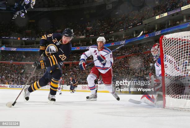 Daniel Paille of the Buffalo Sabres fires a backhand shot towards Steve Valiquette of the New York Rangers on January 9, 2009 at HSBC Arena in...