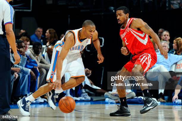 Russell Westbrook of the Oklahoma City Thunder goes to the basket against Luther Head of the Houston Rockets at the Ford Center on January 9, 2009 in...