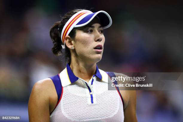 Garbine Muguruza of Spain reacts during her women's singles fourth round match against Petra Kvitova of Czech Republic on Day Seven of the 2017 US...