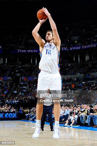 Nenad Krstic of the Oklahoma City Thunder shoots a jump shot during the game against the Houston Rockets at the Ford Center on January 9, 2009 in...