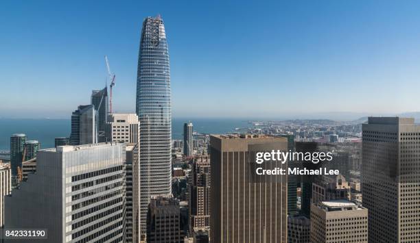 aerial san francisco skyline view - salesforce tower stock pictures, royalty-free photos & images