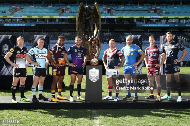 Peter Wallace of the Panthers, Paul Gallen of the Sharks, Sam Thaiday of the Broncos, Cameron Smith of the Storm, Jake Friend of the Roosters, Tim...