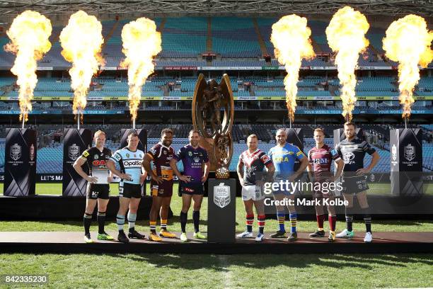 Peter Wallace of the Panthers, Paul Gallen of the Sharks, Sam Thaiday of the Broncos, Cameron Smith of the Storm, Jake Friend of the Roosters, Tim...