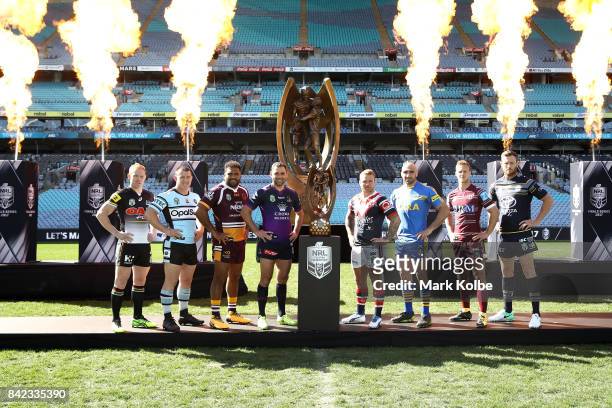 Peter Wallace of the Panthers, Paul Gallen of the Sharks, Sam Thaiday of the Broncos, Cameron Smith of the Storm, Jake Friend of the Roosters, Tim...