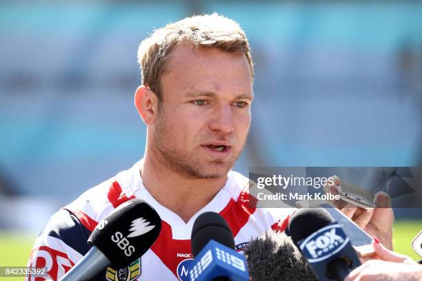 Jake Friend of the Roosters speaks to the media during the 2017 NRL Finals Series Launch at ANZ Stadium on September 4, 2017 in Sydney, Australia.