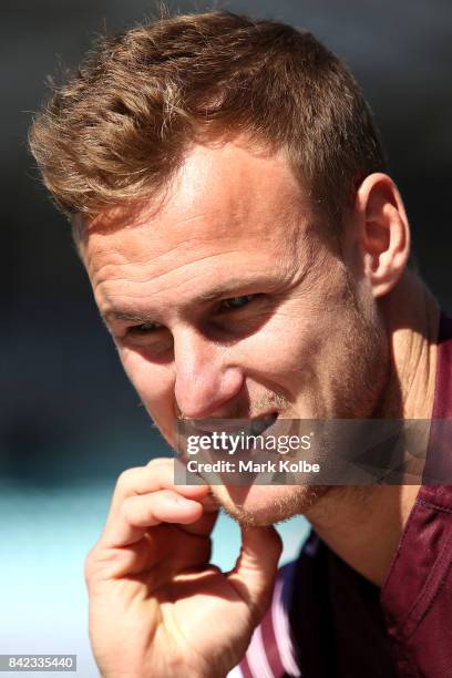 Daly Cherry-Evans of the Sea Eagles speaks to the media during the 2017 NRL Finals Series Launch at ANZ Stadium on September 4, 2017 in Sydney,...