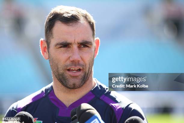 Cameron Smith of the Storm speaks to the media during the 2017 NRL Finals Series Launch at ANZ Stadium on September 4, 2017 in Sydney, Australia.