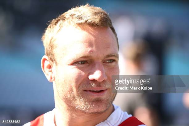 Jake Friend of the Roosters speaks to the media during the 2017 NRL Finals Series Launch at ANZ Stadium on September 4, 2017 in Sydney, Australia.