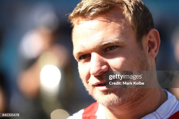 Jake Friend of the Roosters speaks to the media during the 2017 NRL Finals Series Launch at ANZ Stadium on September 4, 2017 in Sydney, Australia.