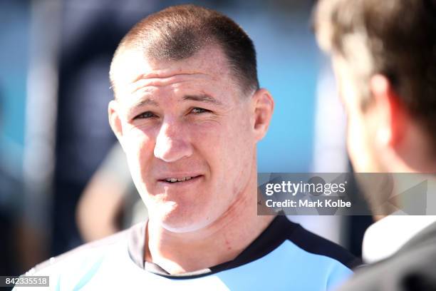 Paul Gallen of the Sharks speaks to the media during the 2017 NRL Finals Series Launch at ANZ Stadium on September 4, 2017 in Sydney, Australia.