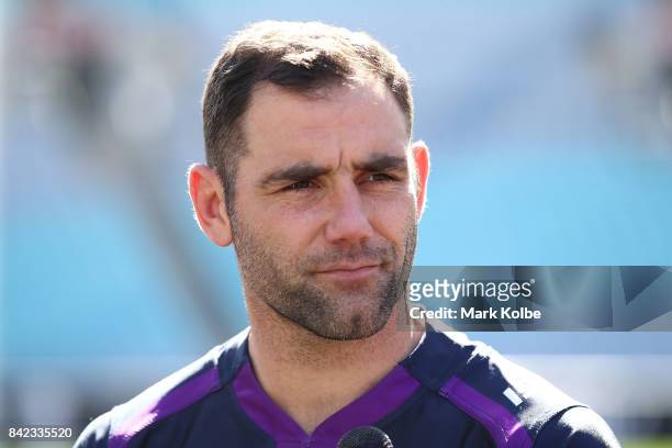 Cameron Smith of the Storm speaks to the media during the 2017 NRL Finals Series Launch at ANZ Stadium on September 4, 2017 in Sydney, Australia.