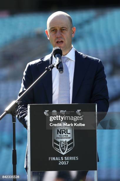 Todd Greenberg, the Chief Executive Officer of the National Rugby League speaks to the media during the 2017 NRL Finals Series Launch at ANZ Stadium...