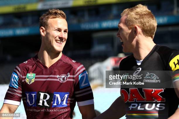 Daly Cherry-Evans see and Peter Wallace of the Panthers share a joke during the 2017 NRL Finals Series Launch at ANZ Stadium on September 4, 2017 in...