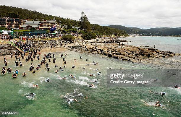 General view of start of the Lorne Pier To Pub open water swim at Louttit Bay on January 10, 2009 in Lorne, Australia.