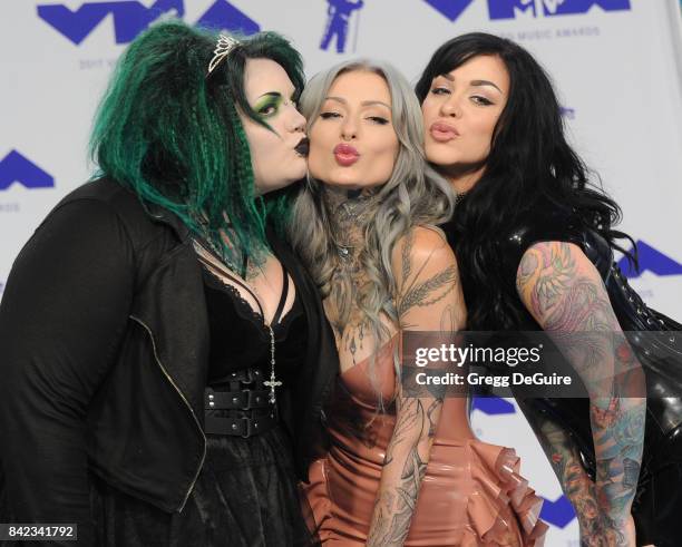 Kelly Doty, Ryan Ashley Malarkey and Nikki Simpson of 'Ink Master: Angels' arrive at the 2017 MTV Video Music Awards at The Forum on August 27, 2017...