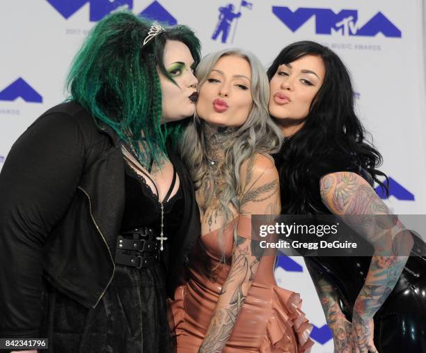 Kelly Doty, Ryan Ashley Malarkey and Nikki Simpson of 'Ink Master: Angels' arrive at the 2017 MTV Video Music Awards at The Forum on August 27, 2017...