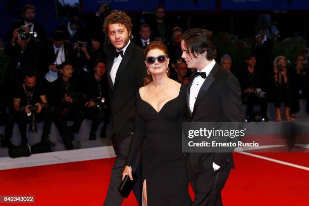 Susan Sarandon and her sons Jack Henry Robbins and Miles Robbins walk the red carpet ahead of the 'Victoria & Abdul' screening during the 74th Venice...