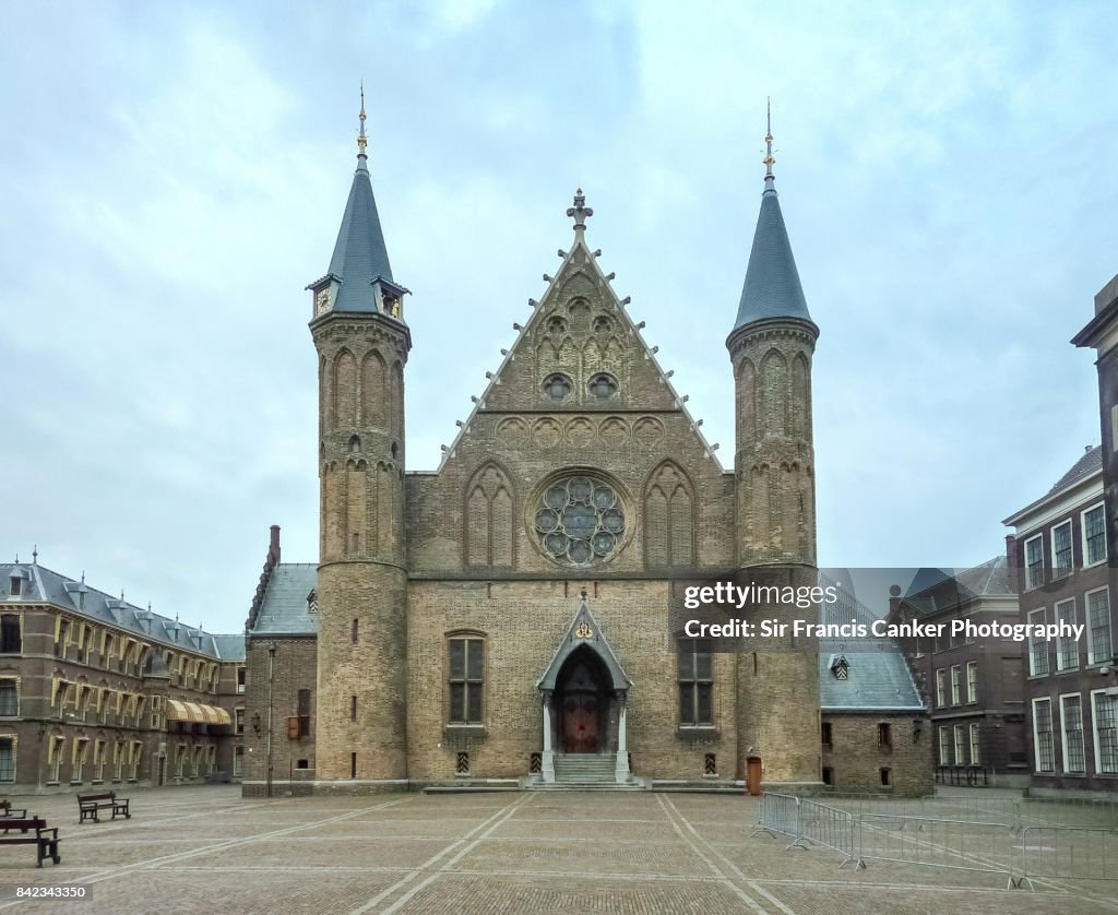 Ridderzaal facade inside The Hague's Binnenhof (Dutch Parliament) at dusk
