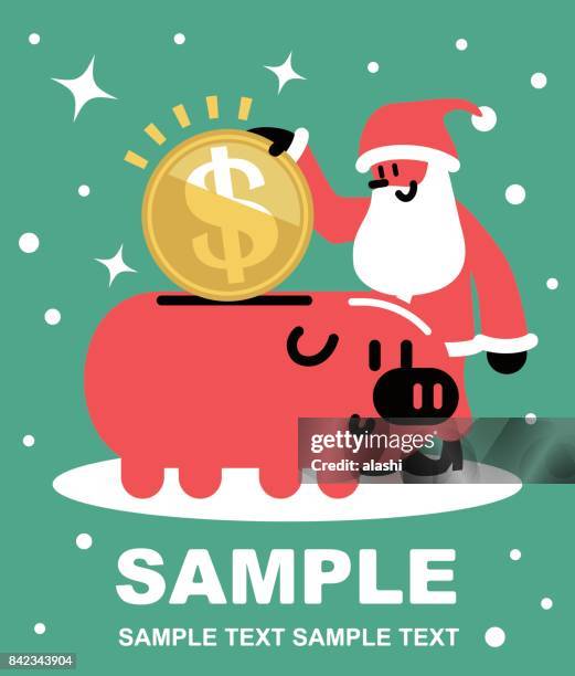 glücklich fröhlicher weihnachtsmann setzen ein großes dollarzeichen münze währung in ein sparschwein, christmas present - christmas cash stock-grafiken, -clipart, -cartoons und -symbole