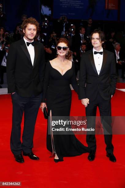 Susan Sarandon and her sons Jack Henry Robbins and Miles Robbins walk the red carpet ahead of the 'Victoria & Abdul' screening during the 74th Venice...