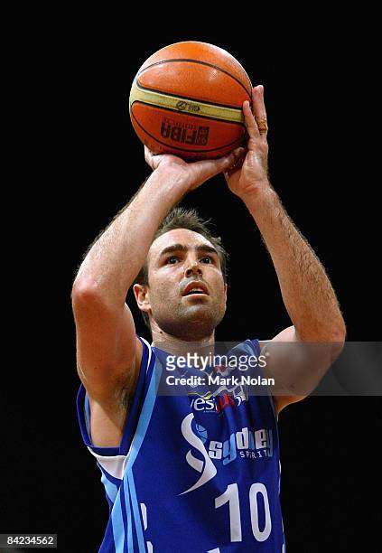 Jason Smith of the Spirit shoots from the free throw line during the round 17 NBL match between the Sydney Spirit and the Wollongong Hawks at the...