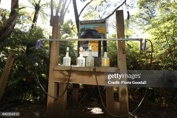 Cleaning station on the Karamatura Track at Huia in the Waitakere Ranges Regional Park on September 4, 2017 in Auckland, New Zealand. The Waitakere...