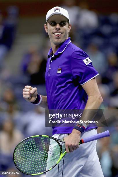 Sam Querrey celebrates match point against Mischa Zverev of Germany on Day Seven of the 2017 US Open at the USTA Billie Jean King National Tennis...