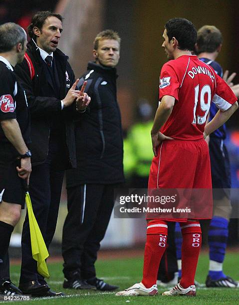 Gareth Southgate, manager of Middlesbrough talks to Stewart Downing during the Barclays Premier League match between Middlesbrough and Sunderland at...