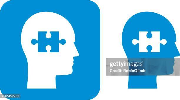 blue puzzle piece head icons - clueless face stock illustrations