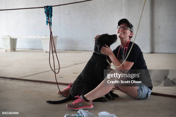 Sydney Bates comforts a dog rescued from floodwater as it waits to be transferred to a shelter after torrential rains pounded Southeast Texas...