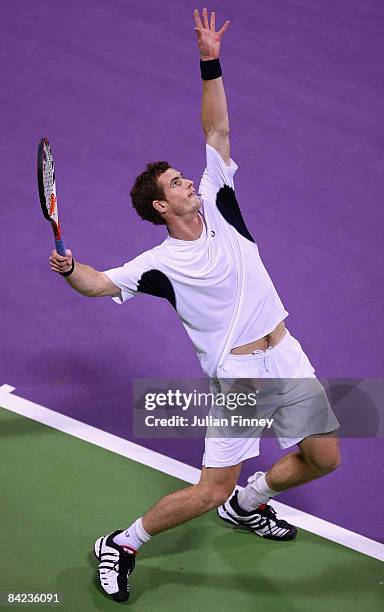 Andy Murray of Great Britain serves to Andy Roddick of United States during the final of the Exxon Mobil Qatar Open Tennis on January 10, 2009 in...